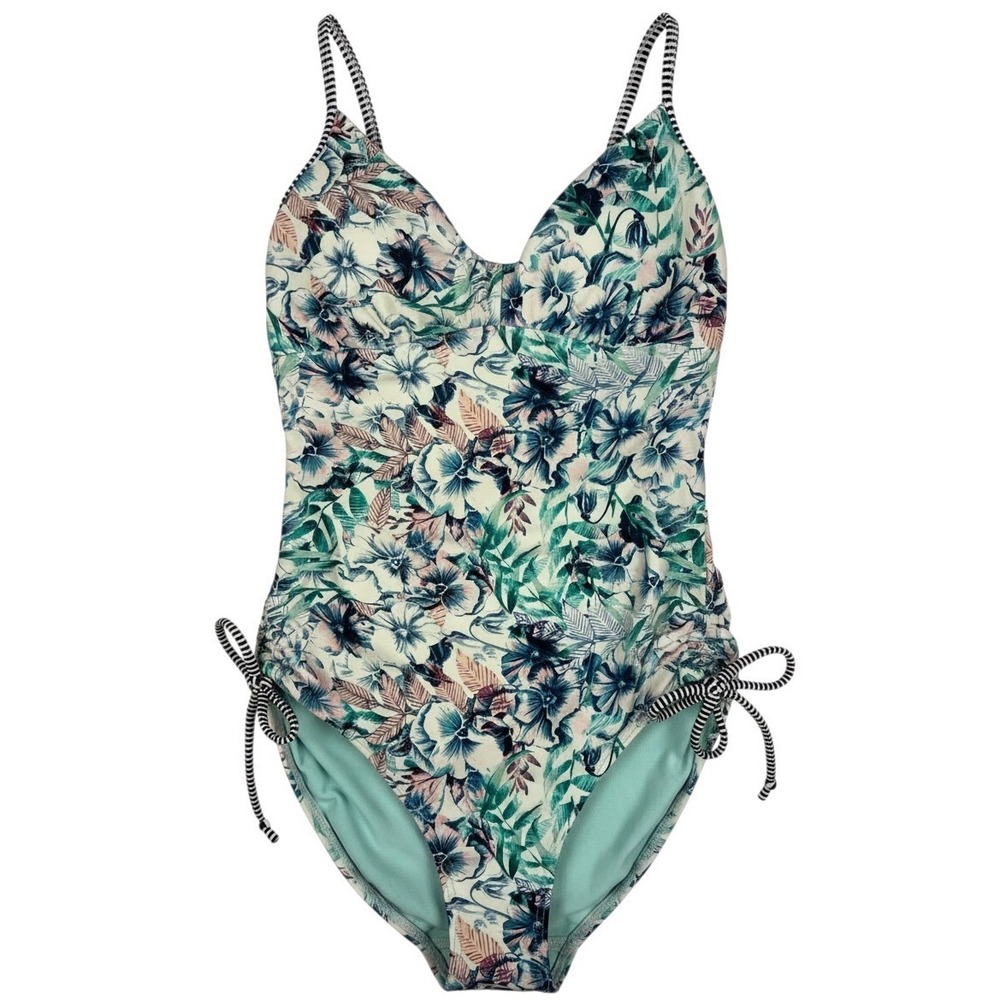 Prana One Piece Swimsuit S Teal Floral Tropical Side Tie Beach Summer Vacation